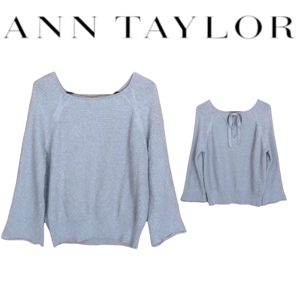 ANN TAYLOR Waffle Knit Sweater Gray Loose Fit Keyhole Back w/Tie Wide Sleeves SM